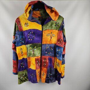 Rising International Nepal Hoodie Womens 2X Multi Colorful Art To Wear Full Zip